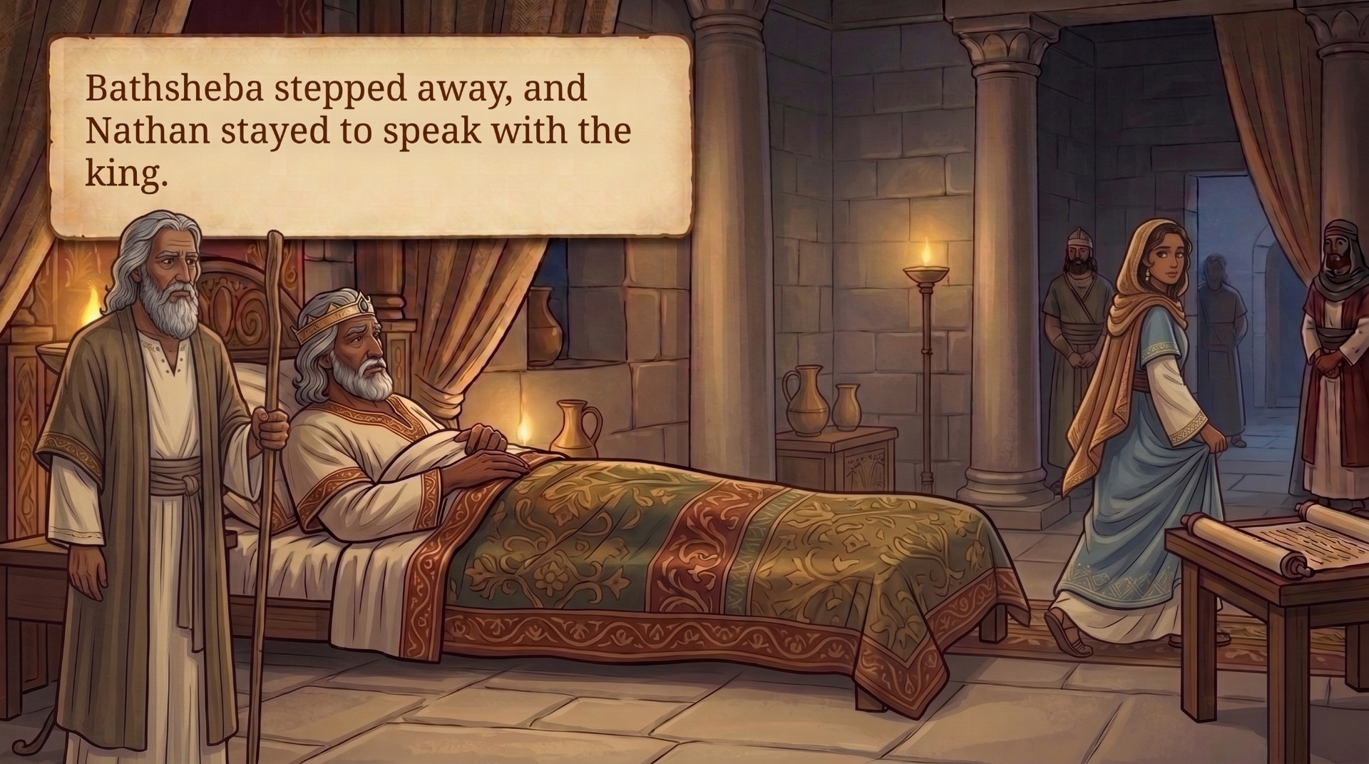 Page 18 illustration. Bathsheba steps away as Nathan stands beside King David's bed.