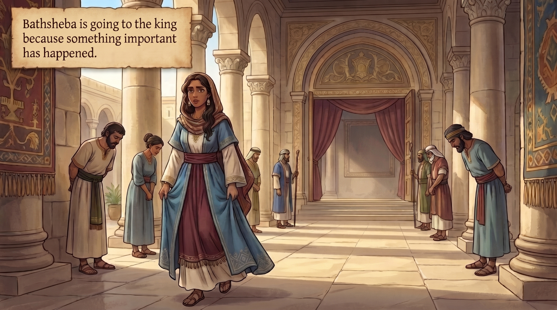 Page 11 illustration. Bathsheba walks through the palace courtyard toward the king's chamber.