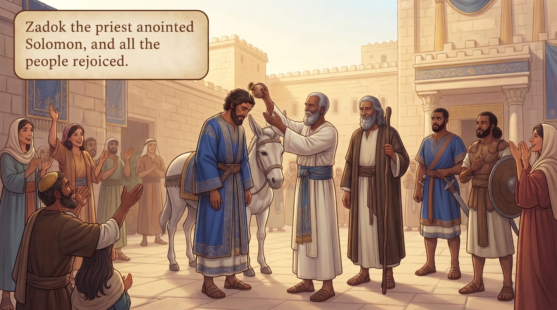 Page 27 illustration. Zadok the priest anoints Solomon with oil as the people rejoice.