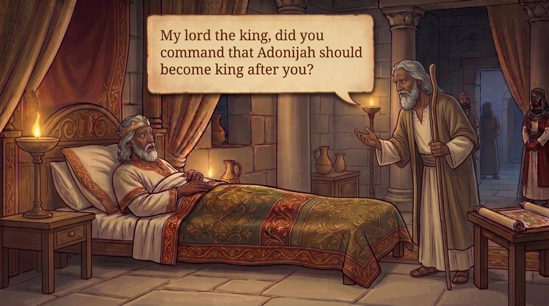 Page 19 illustration. Nathan speaks earnestly to King David from beside the bed.