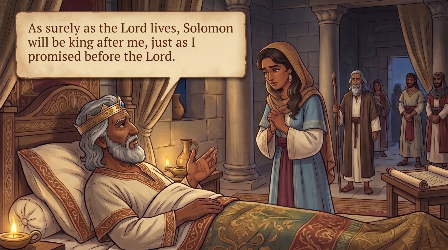 Page 22 illustration. King David swears an oath as Bathsheba stands before him with hands folded.