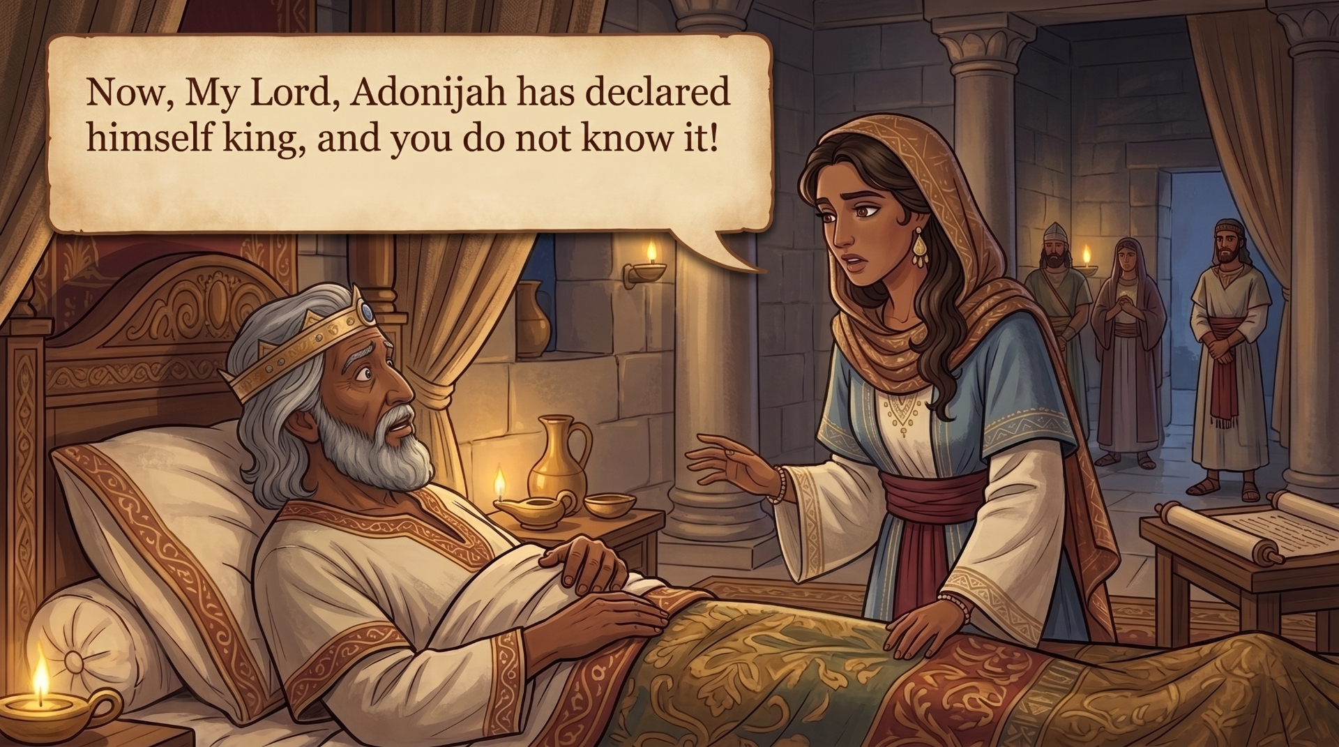 Page 14 illustration. Bathsheba urgently tells King David about Adonijah.