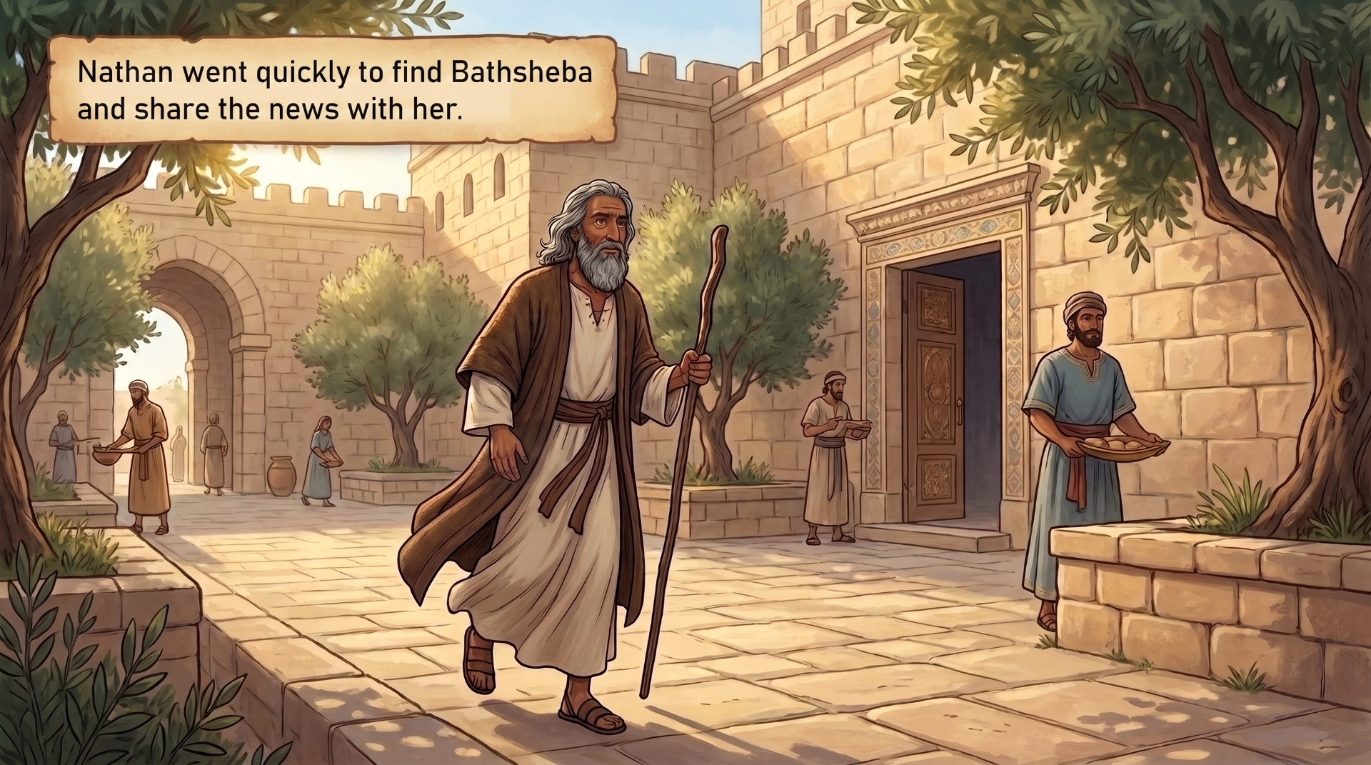 Page 8 illustration. Nathan hurries through Jerusalem's streets.