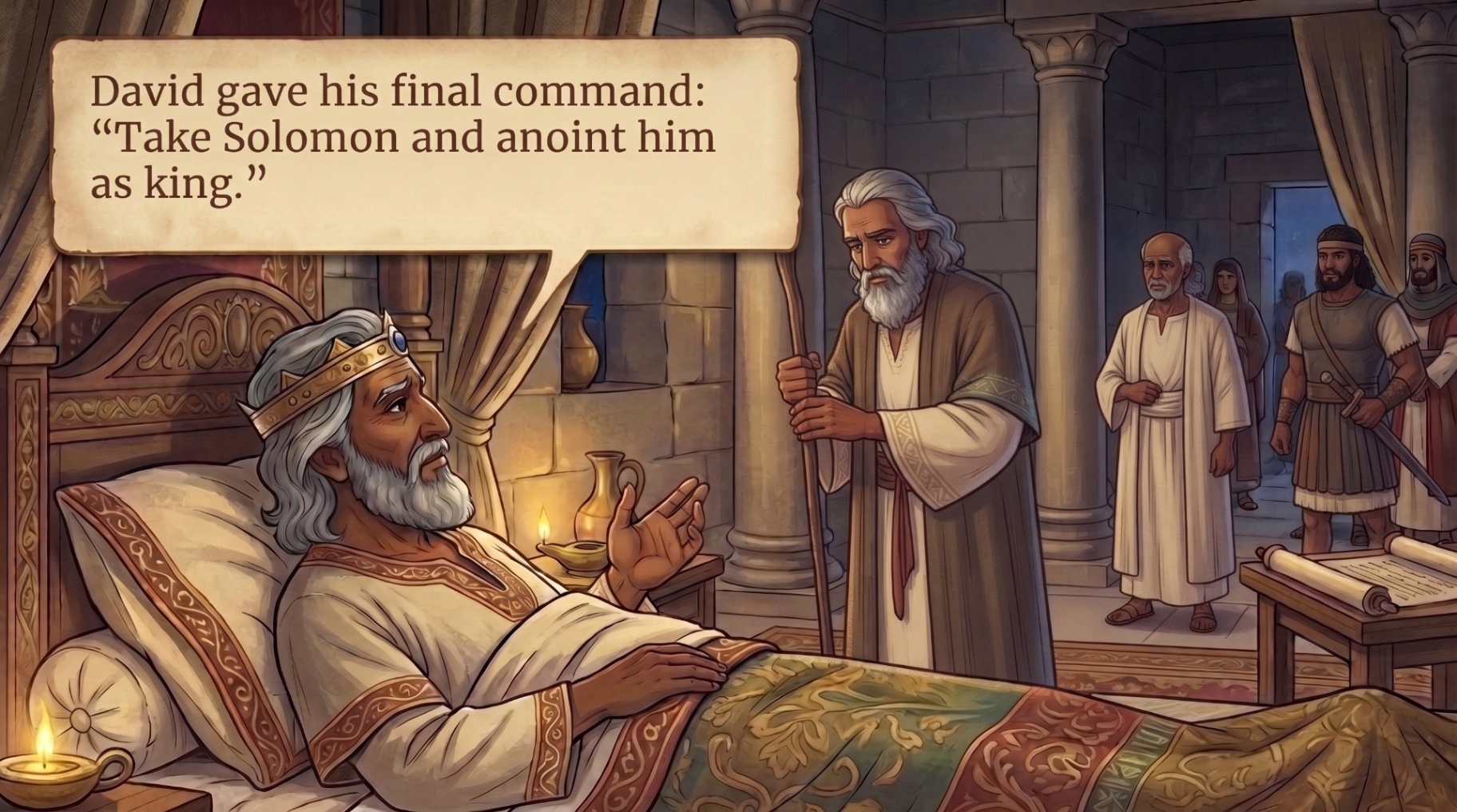 Page 24 illustration. King David gives his final command from his bed as attendants listen.