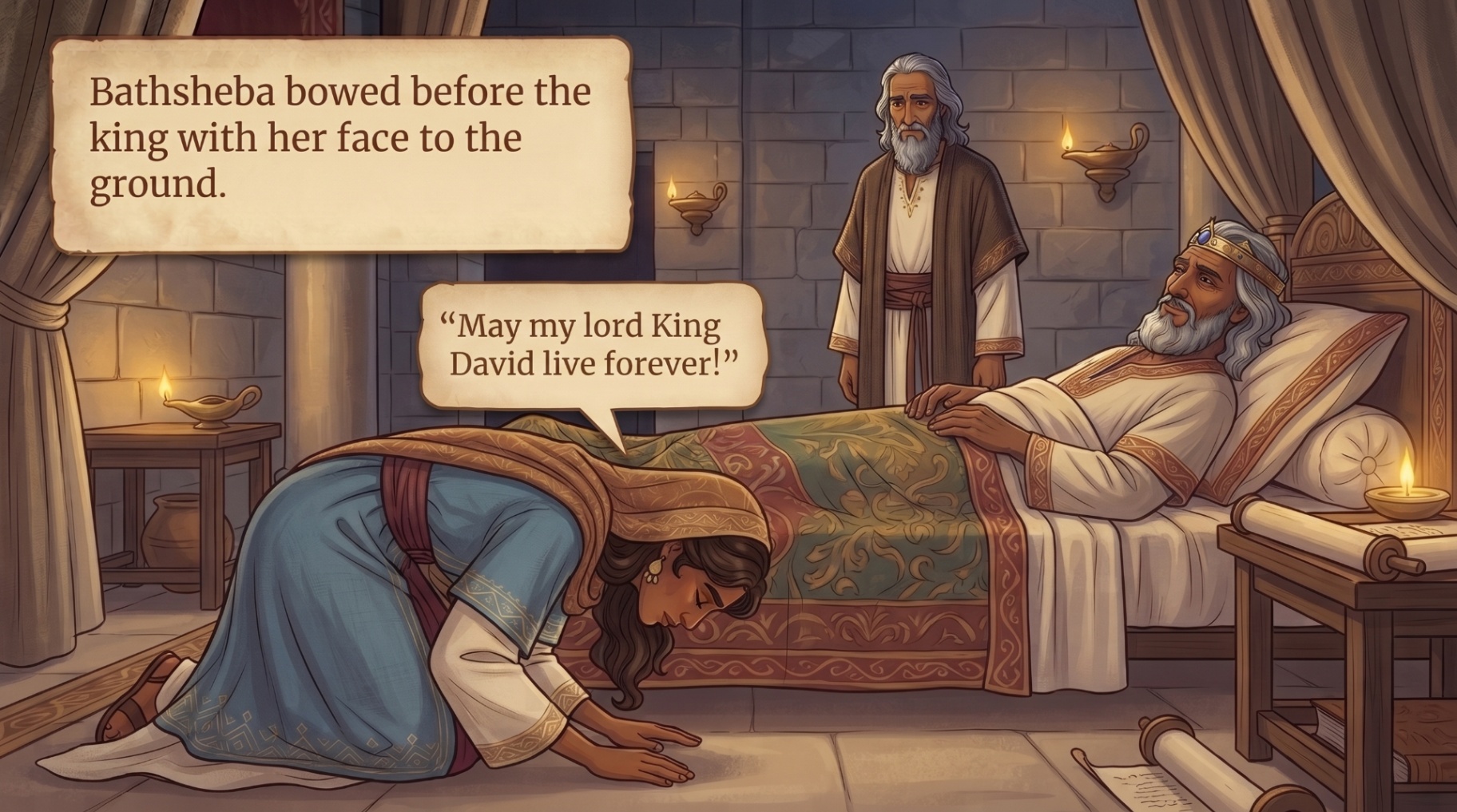 Page 23 illustration. Bathsheba bows before King David with her face to the ground.