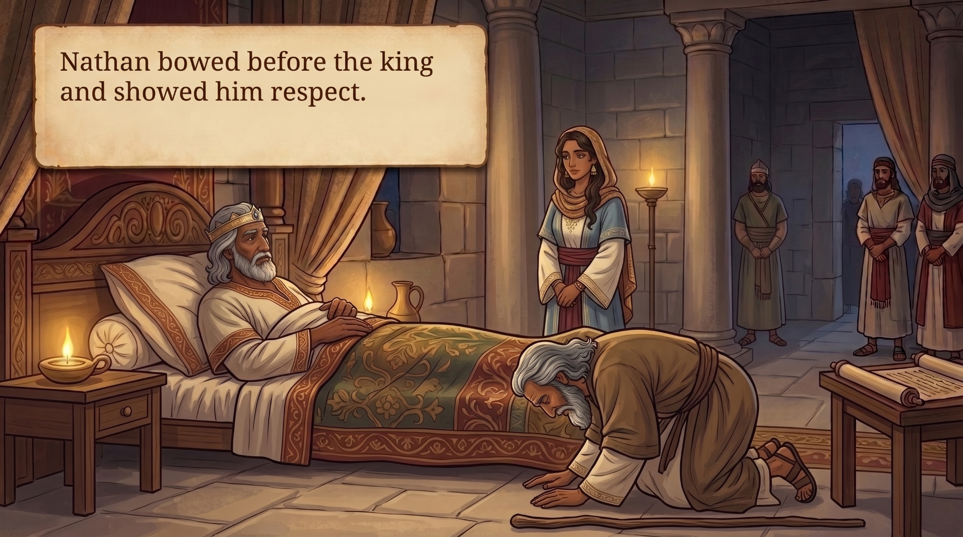 Page 17 illustration. Nathan bows low to the ground before King David in his chamber.