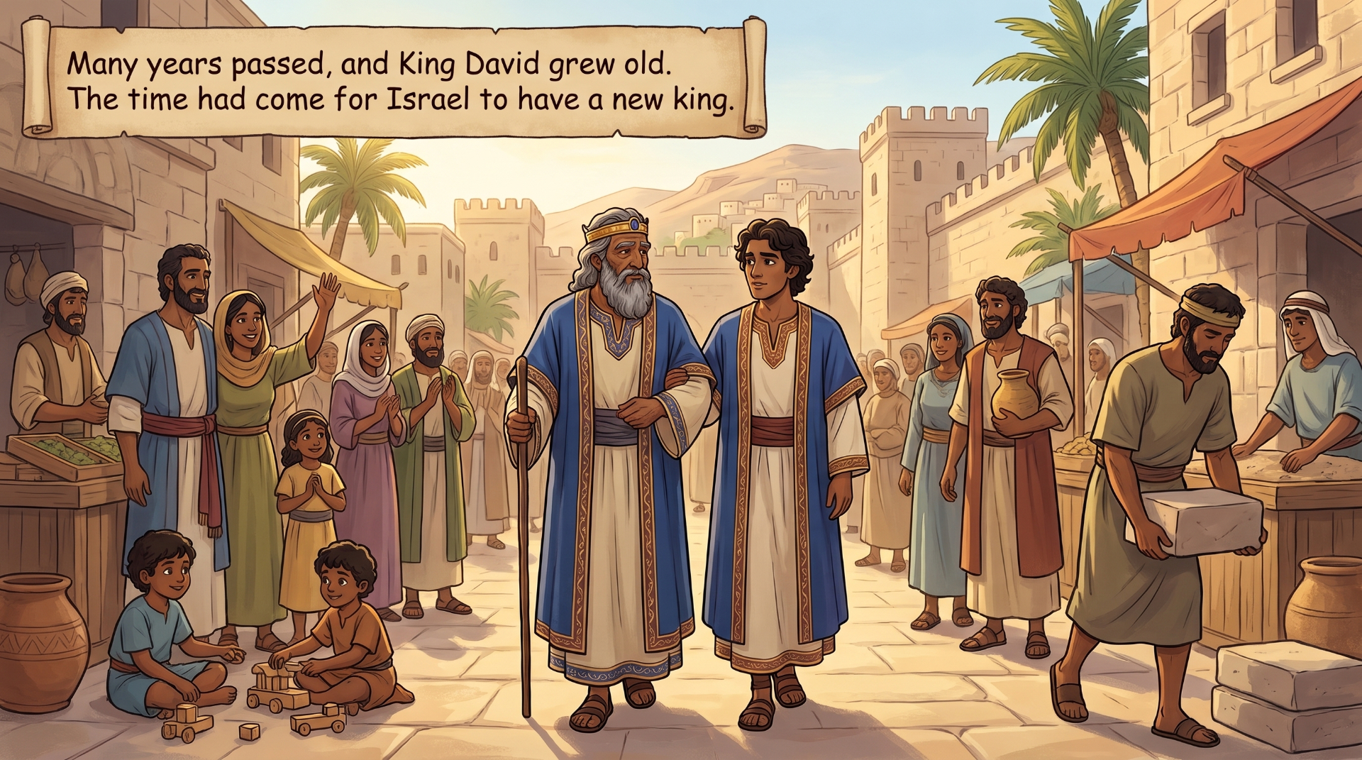 Page 5 illustration. Elderly King David walks with Solomon among the people.