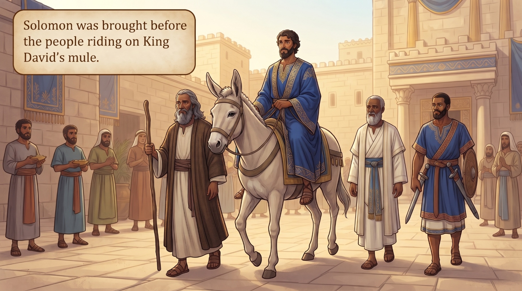 Page 26 illustration. Solomon rides King David's mule through Jerusalem accompanied by Nathan and guards.