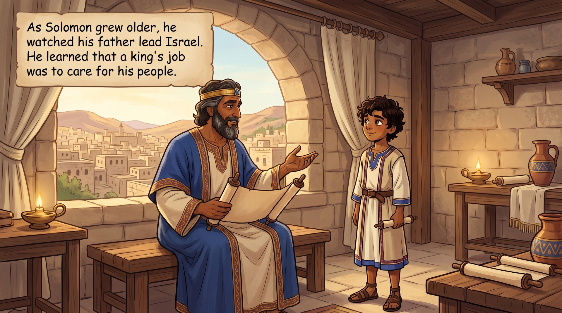 Page 4 illustration. Young Solomon listens to King David.