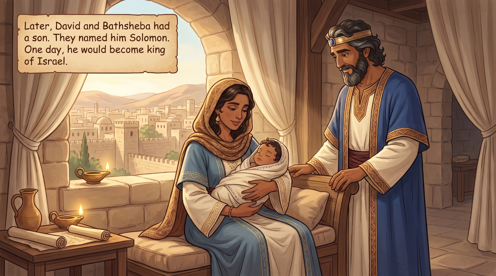 Page 3 illustration. David and Bathsheba hold baby Solomon.