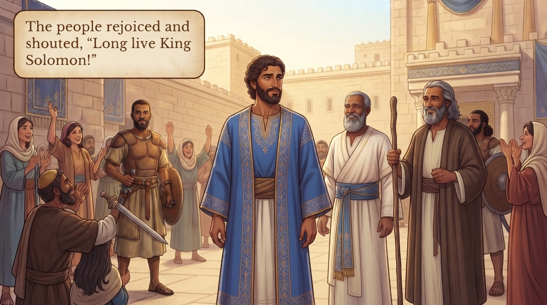 Page 28 illustration. Solomon stands crowned as the people cheer 'Long live King Solomon!'