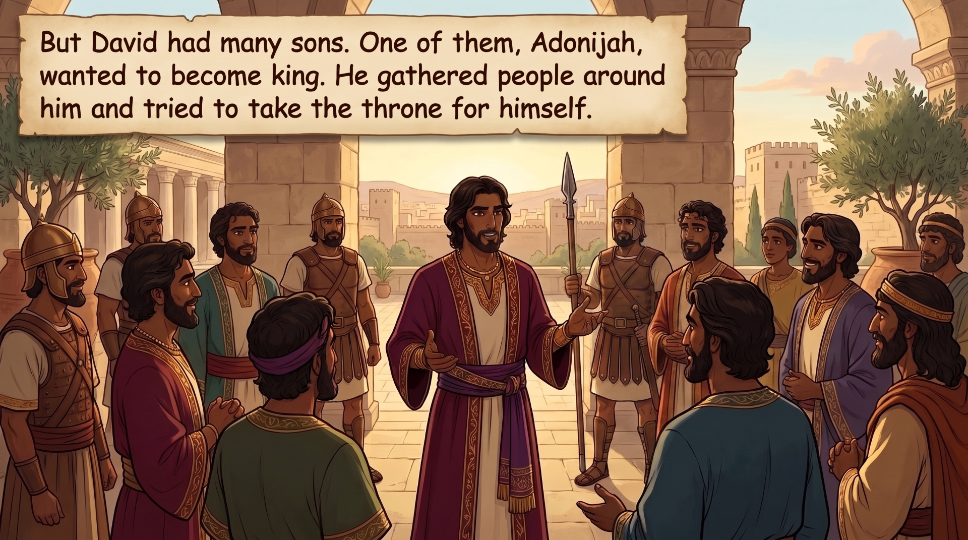 Page 6 illustration. Adonijah stands with supporters and a spear-bearer.