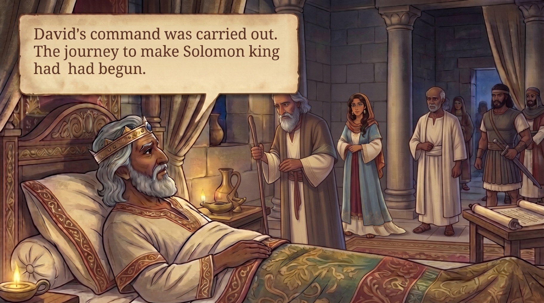 Page 25 illustration. David's servants and attendants prepare to carry out his command.