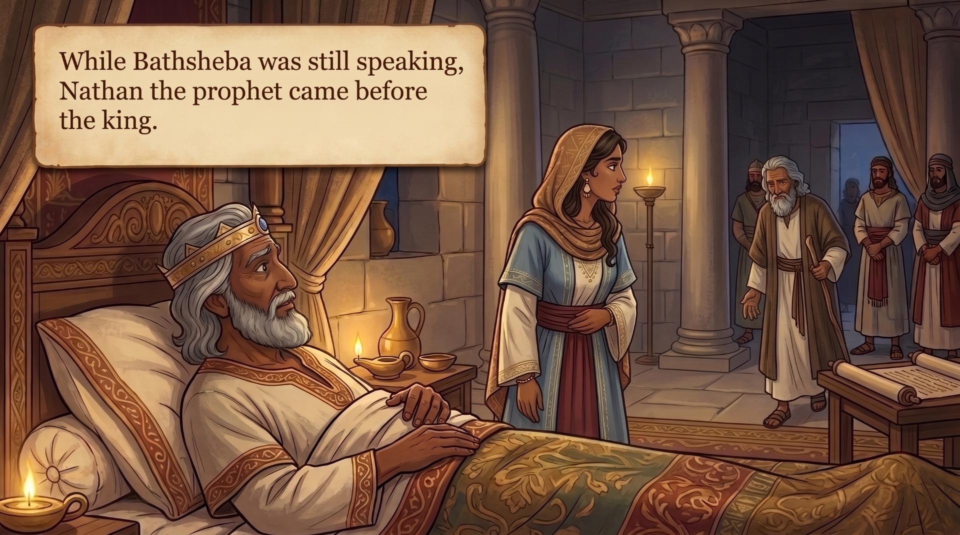 Page 16 illustration. Nathan the prophet arrives before King David while Bathsheba stands nearby.
