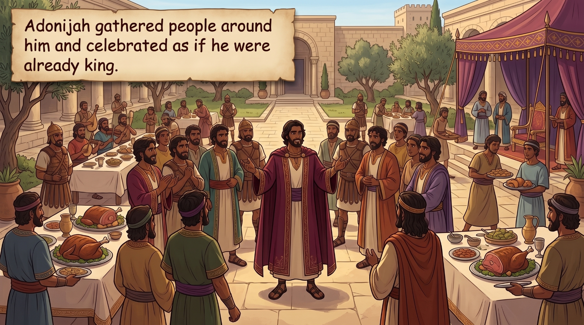 Page 15 illustration. Adonijah stands among a celebrating crowd with a feast and throne.