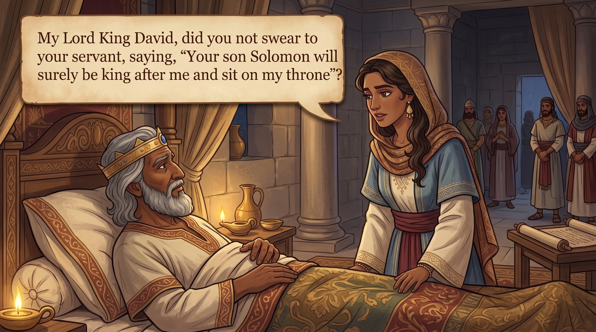 Page 13 illustration. Bathsheba speaks earnestly to King David in his chamber.