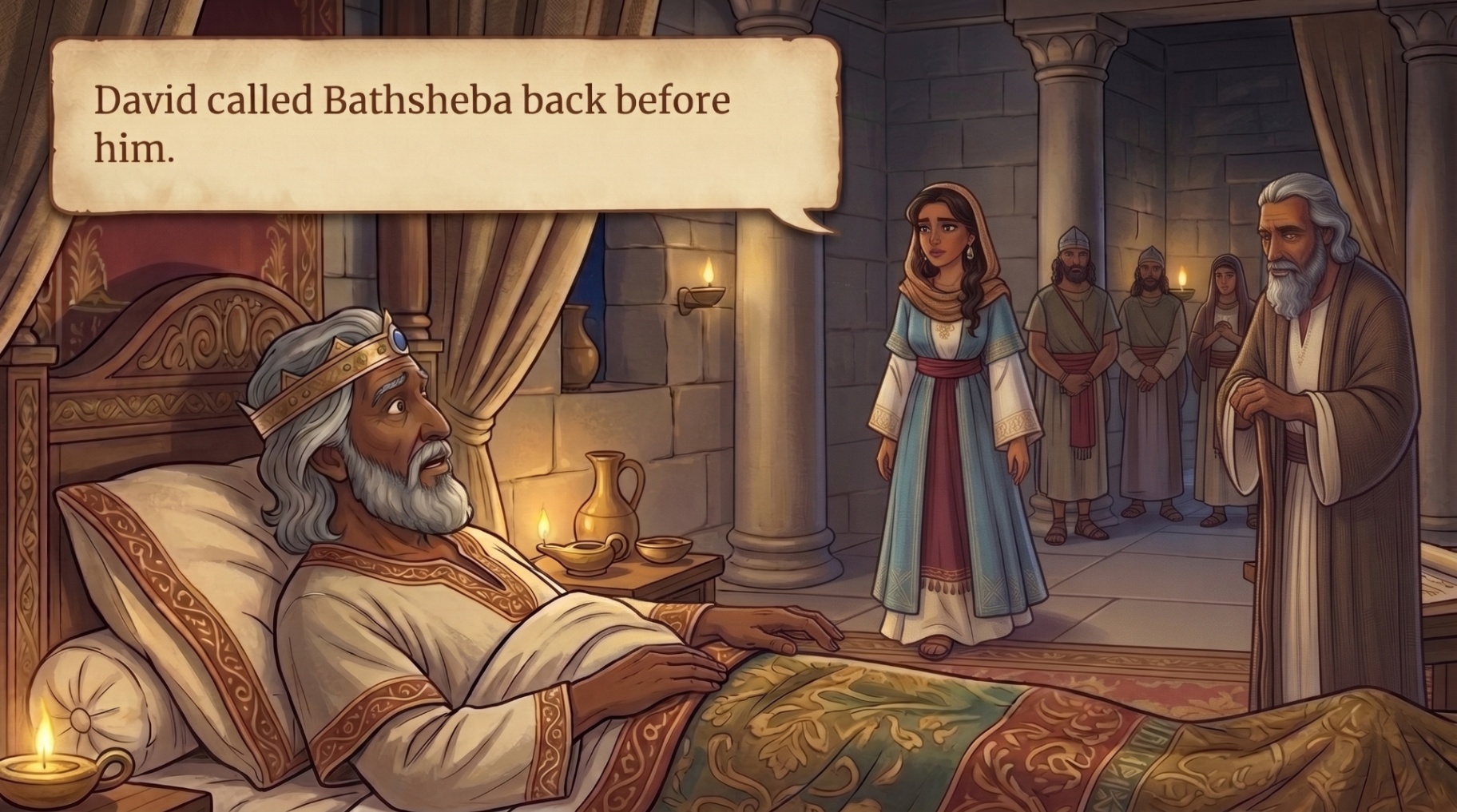 Page 21 illustration. King David calls Bathsheba back before him while Nathan stands nearby.