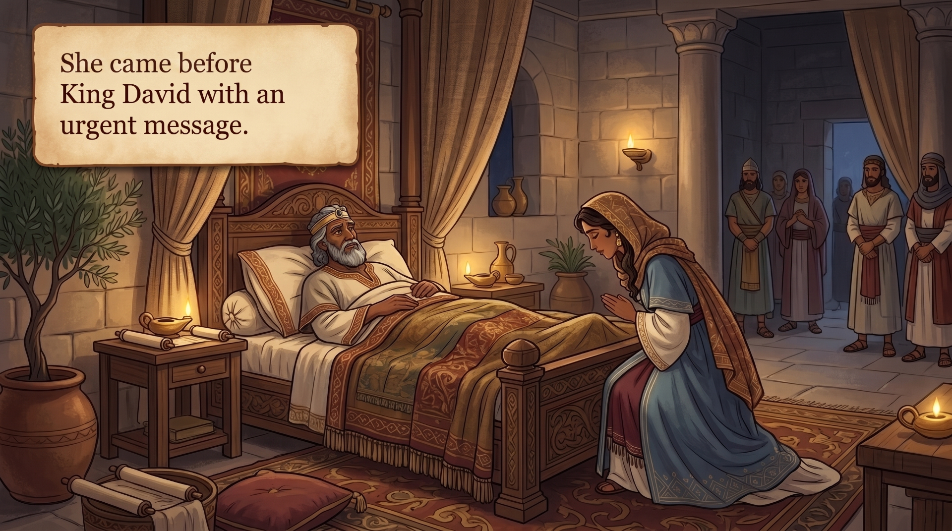Page 12 illustration. Bathsheba kneels beside King David's bed with an urgent message.