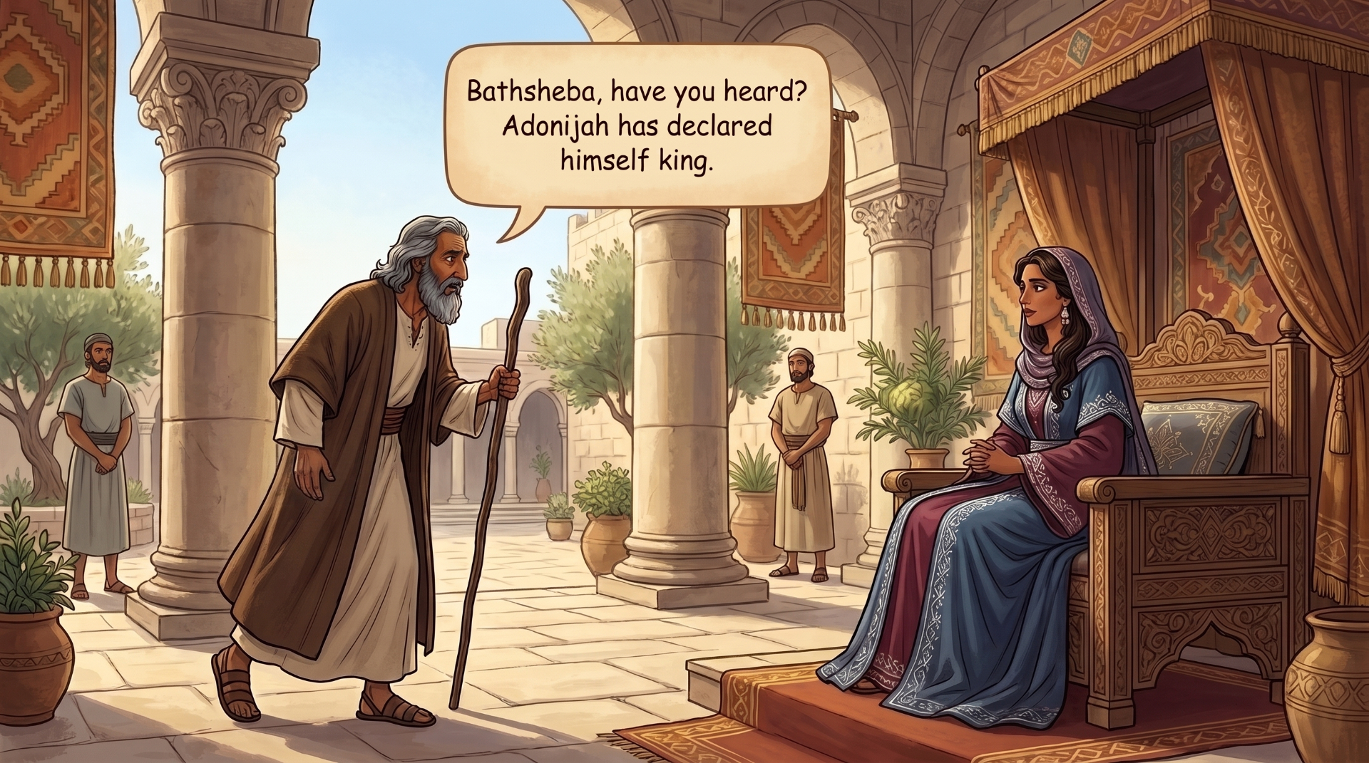 Page 9 illustration. Nathan speaks to Bathsheba on her throne.
