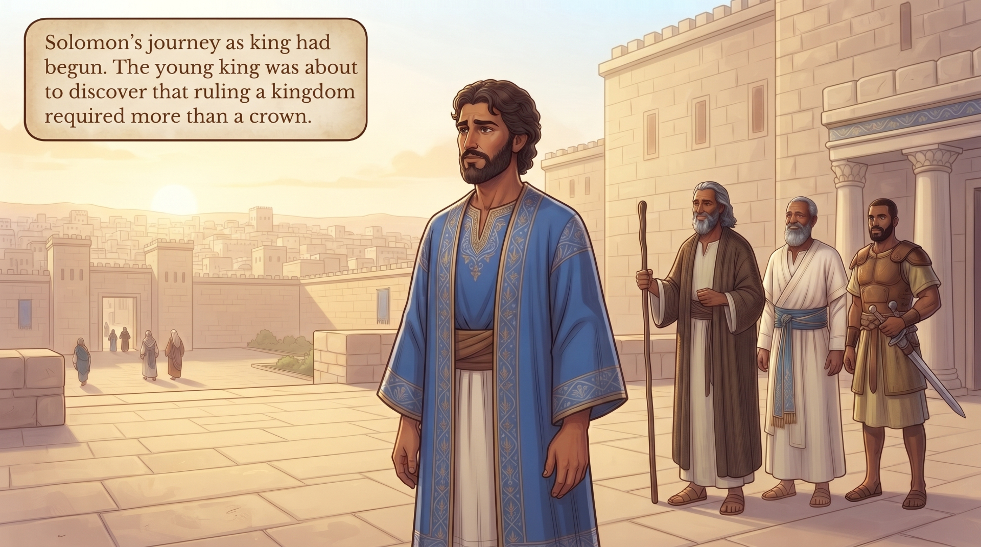 Final page illustration. Young King Solomon in royal blue robes stands in Jerusalem with elders and a guard beside him.