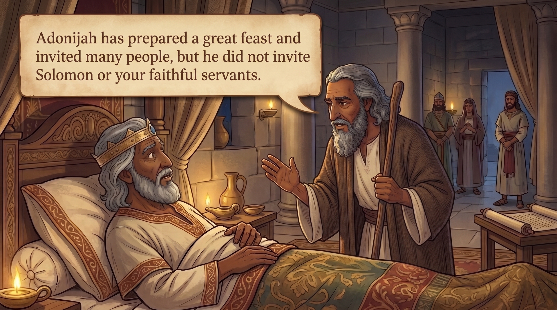 Page 20 illustration. Nathan tells King David about Adonijah's feast.