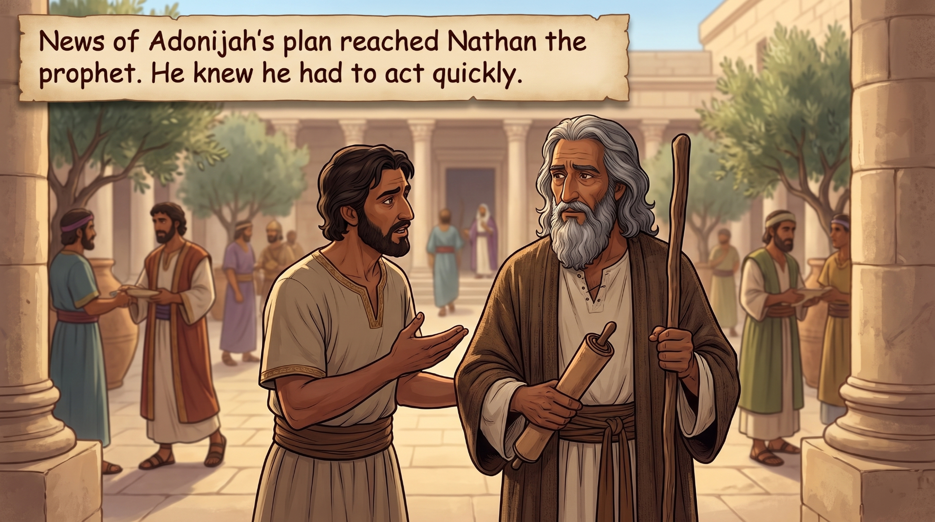 Page 7 illustration. Nathan the prophet holds a scroll and staff in the courtyard.